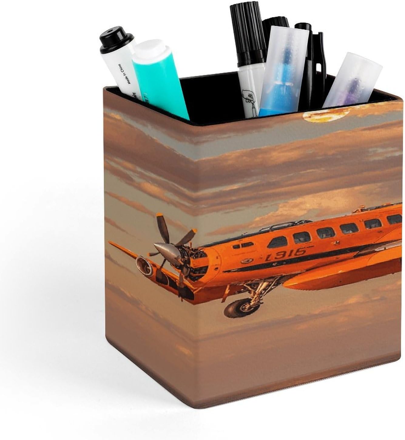 Daylight Aircraft PU Leather Square Pen Holder for Home Office