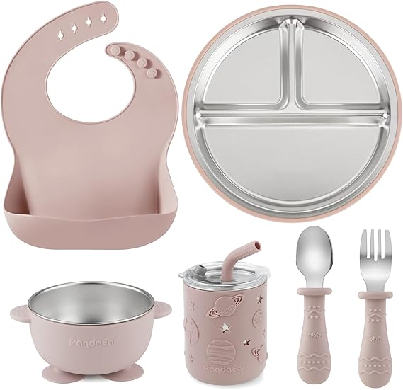 PandaEar 6-in-1 Stainless Steel Baby Feeding Set | Divided Suction Plate, Bowl, Sippy Cup with Straw, Bib, Spoon & Fork | BPA-Free Toddler Feeding Essentials for Self-Feeding, Pink