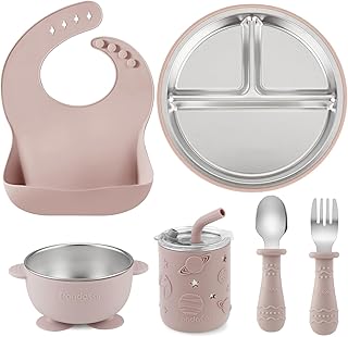 PandaEar 6-in-1 Stainless Steel Baby Feeding Set | Divided Suction Plate, Bowl, Sippy Cup with Straw, Bib, Spoon & Fork | BPA-Free Toddler Feeding Essentials for Self-Feeding (Pink)