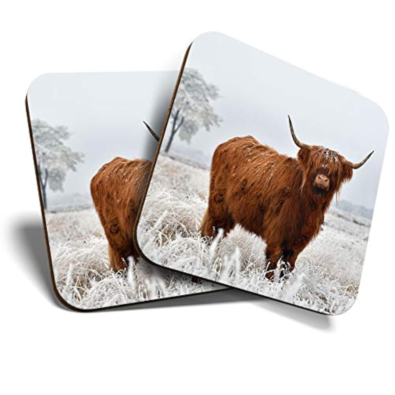 Destination Vinyl Ltd Multicolor 2 X Square Coasters - Winter Highland Cow Scotland Scottish Snow Cattle Coaster Gift #15508
