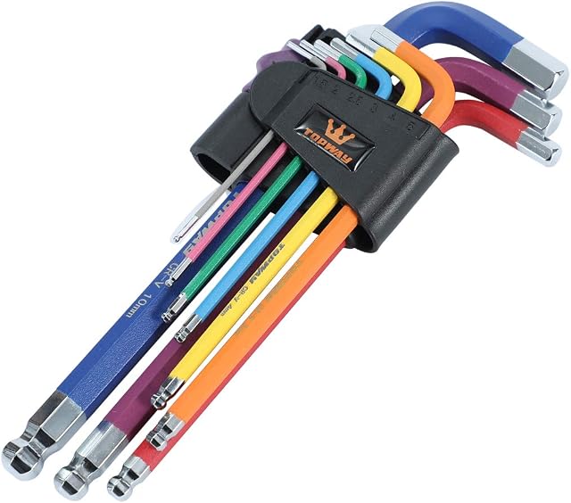 TOPWAY Allen Key Set 9PCs Colour Coded, Ball End 1.5-10mm Metric Long Arm Hexagon Key Wrench, High Grade Chrome Vanadium Steel, Auto Repairing Garage Tool 411106