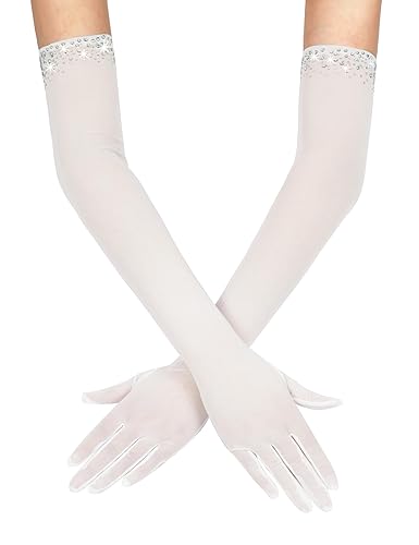 XXDingbs Women's Long Sheer Gloves Beaded Tulle Mesh Gloves for Opera Wedding Party Dance Prom - White - One Size
