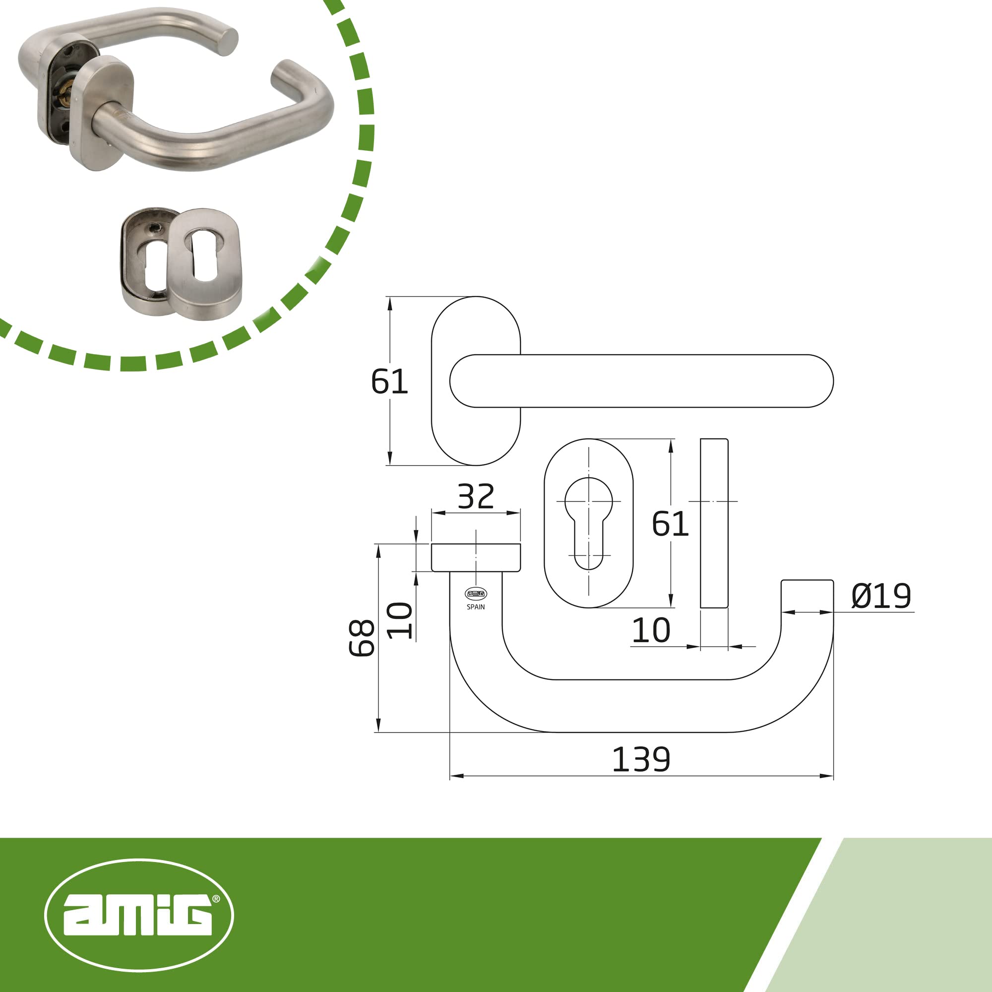 Amig - Set di maniglie con rosetta per porte | Mod. 3OD | 139 x Ø19 mm | Quadretto da 8 mm | Design elegante e semplice | Acciaio inossidabile 18/8 argento opaco