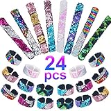 Pawliss 24 Pack Little Mermaid Magic Charm Reversible Sequin Slap Bracelets, Birthday Party Favors Supplies Gifts for Girls Kids, Pink Blue Purple