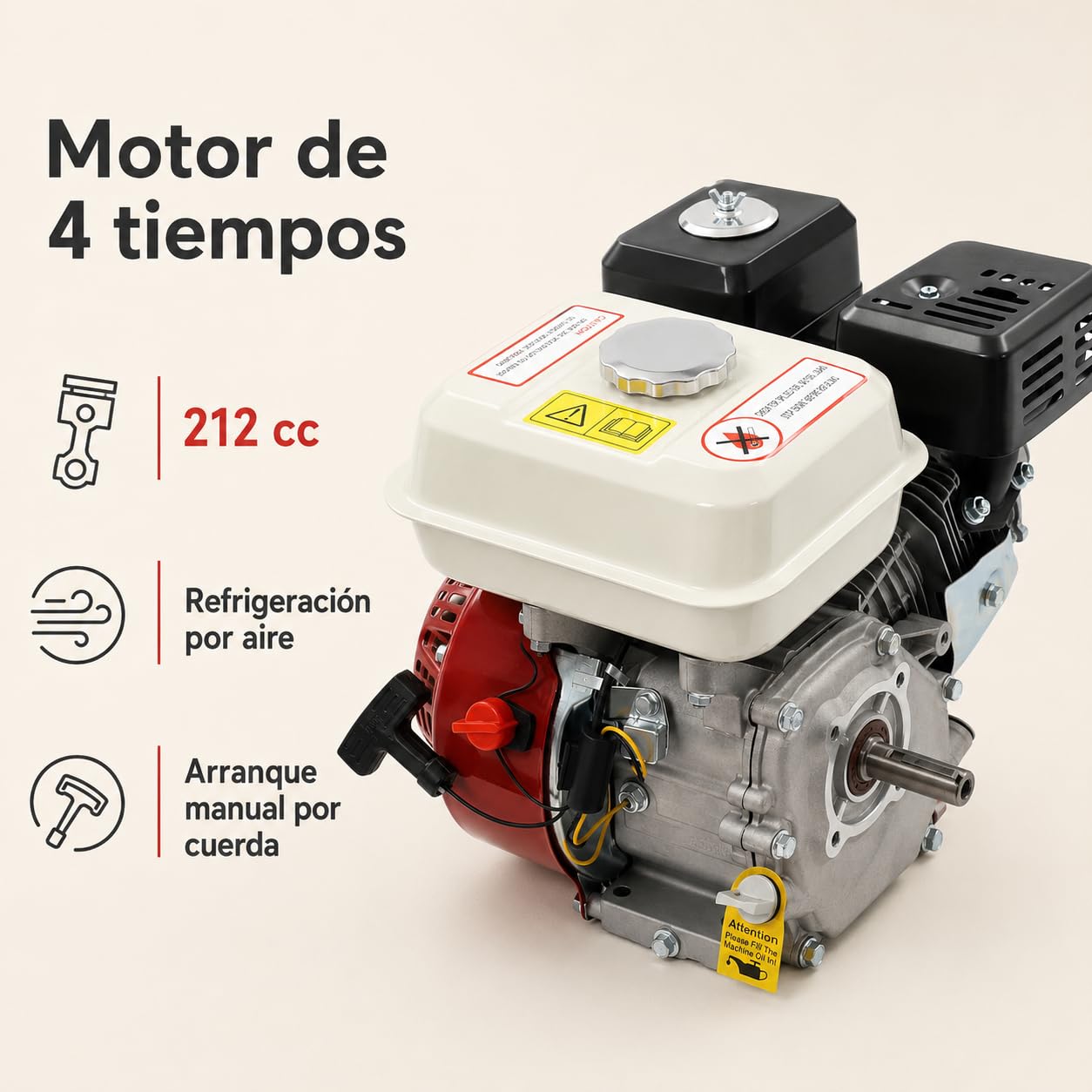 Motor de gasolina de 4 tiempos de 7,5 CV 212 cc con eje de levas de 19 mm | Motor multiusos refrigerado por aire con sensor de aceite y depósito de 3,6 L para generador de bomba kart y cortacésped