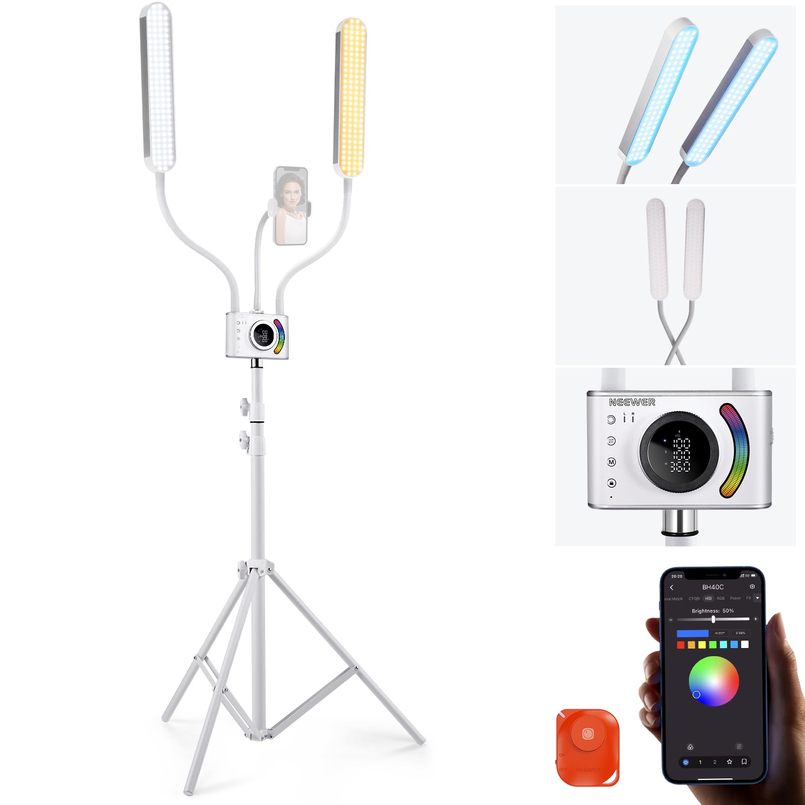 Neewer RGB Esthetician Light Kit Upgraded with Phone APP Control/Touch Bar, Separate Control Dual Arm LED Video Light w Phone Holder/Stand/Travel Bag, 2500K-10000K 18 Scenes for Tattoo Lash, BH40C