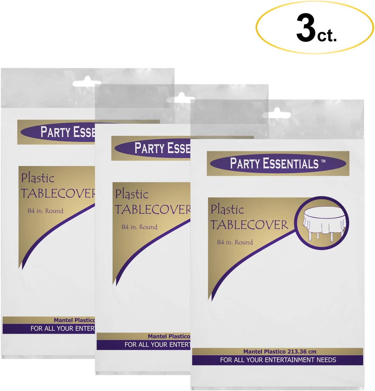 Party Essentials Disposable Heavy Duty 84" Round Plastic Table Cover/Tablecloth, 3-Count, White