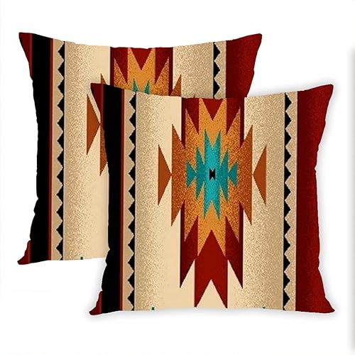 Juego de 2 fundas de almohada cuadradas con estampado de tela tribal marrón con cremallera oculta para sofá del hogar, funda de cojín de 18 x 18
