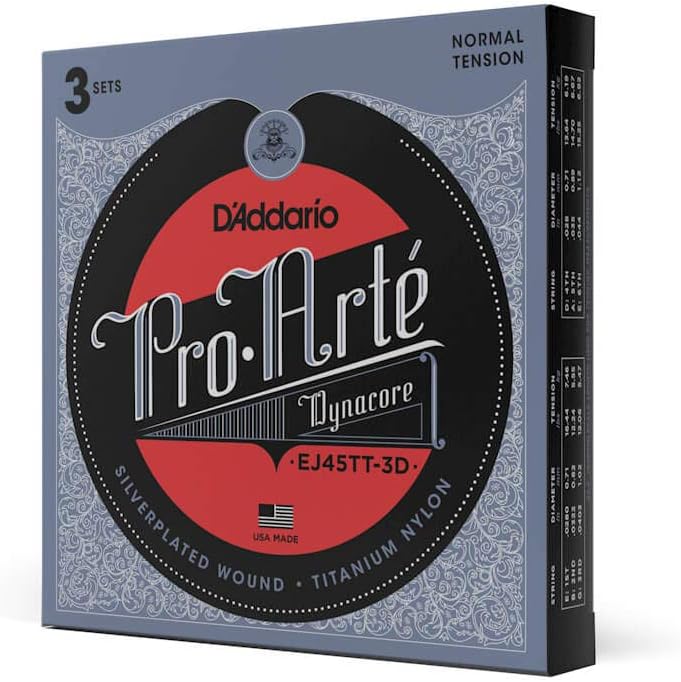 D'Addario Guitar Strings - Pro-Arte Classical Guitar Strings - EJ45TT-3D Dynacore - Silver Plated Wrap, Composite Dynacore, Titanium Nylon Trebles - Normal Tension, 3-Pack