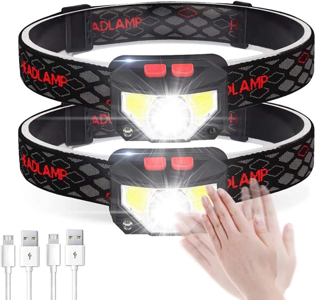 LED Headlamp Flashlight, 300 Lumens USB Rechargeable Headlight, 8 Modes Work Light, Waterproof Head Lights with Motion Sensor and Built in Batteries for Outdoors, Household, 2Pack (Headlamp-ABS)
