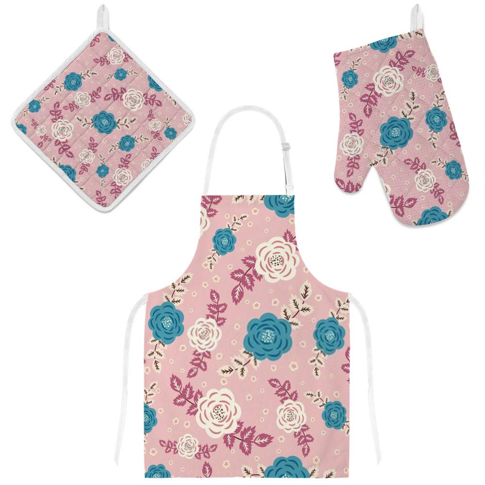 Tablier de cuisine avec manique et gants de four rose à rayures verticales