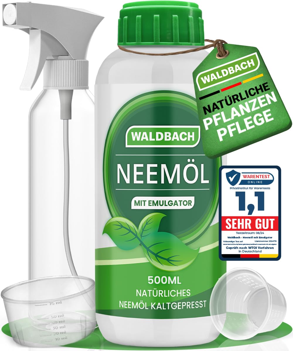 Huile de neem avec émulsifiant [500 ml] – Huile de neem naturelle pour plantes avec flacon pulvérisateur et verre doseur – 50 litres de mélange prêt à pulvériser – Entretien efficace des