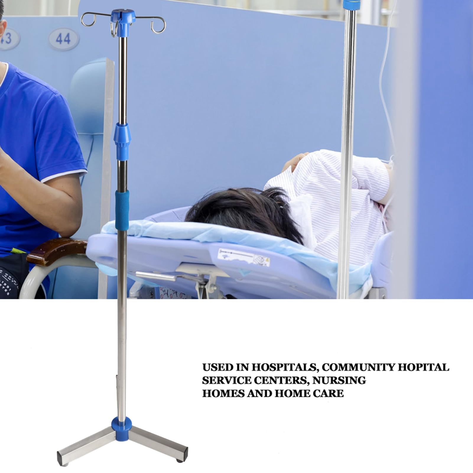 Stojak na kroplówkę z regulacją Wysokości Przenośny Stojak na kroplówkę ze Stali Nierdzewnej z 4 Hakami i 3 Kółkami do Szpitali, Domów Opieki Opieka Domowa
