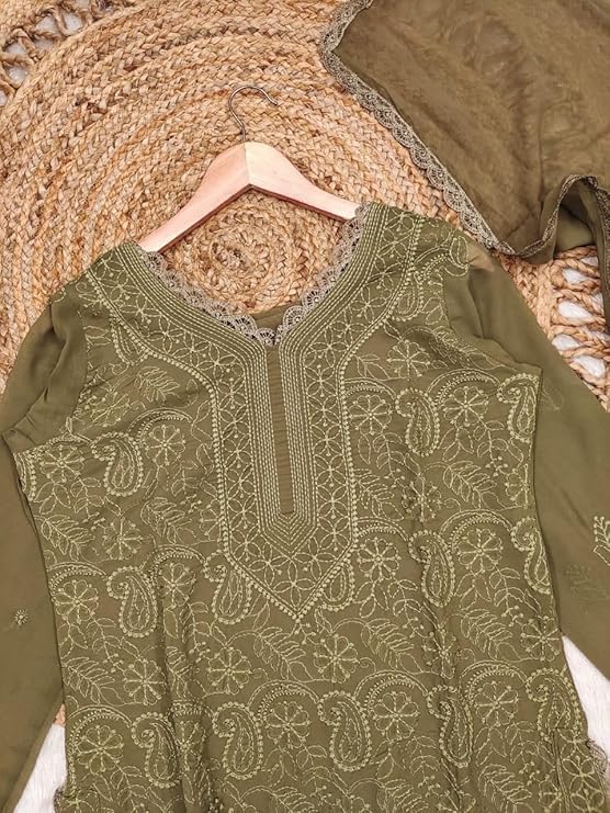 Image of Women's Chikankari Embroidered 3 Piece Suit Set in Faux Georgette - Long Gown Style Kurta with Lining with Dupatta