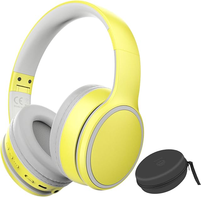 Rockpapa E9 Kids Bluetooth Headphones, Kids Wireless Headphones Over Ear, Hi-Fi Stereo Foldable Wireless Wired Headphones with Mic for School Travel Tablet PC TV (Yellow Grey)