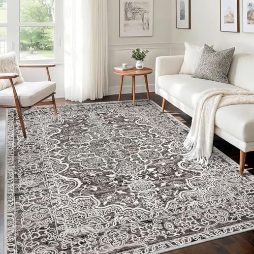 KUTA Vintage Area Rug 5x7 Tan Grey, Washable Rugs for Living Room Soft Non-Slip Printed Distressed Tribal Traditional Farmhouse Carpet for Bedroom Dining Room Dorm Office Home Decor