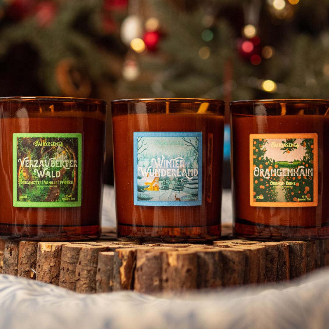 Verwunschene Welten Duftkerzen Set 3-teilig – Zimt & Vanille, Bergamotte & Pfirsich & Vanille, Orange & Birne – 45h Brenndauer je Kerze – Handgefertigt & Vegan – Geschenkset für Winter & Zuhause
