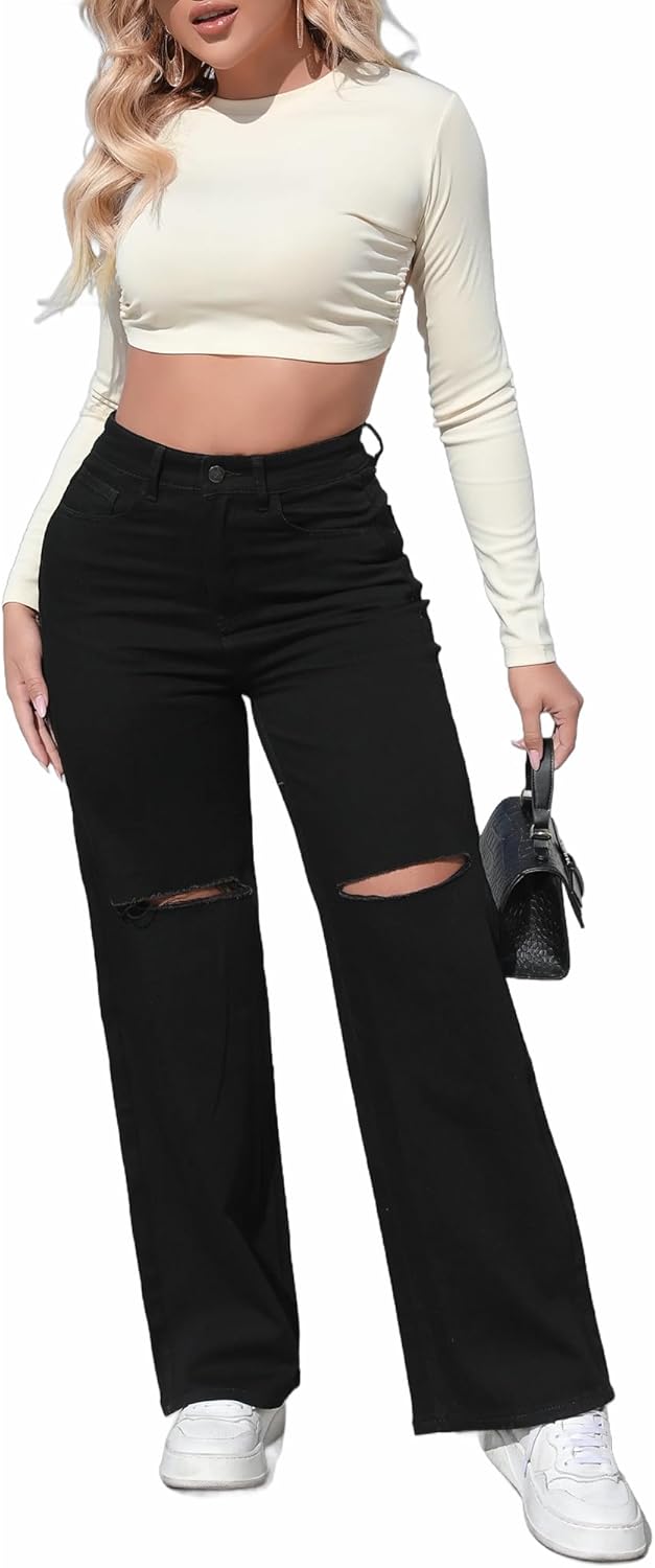 THUNDER STAR Womens High Waisted Wide Leg Jeans Stretchy Distressed Denim Pants - Image 4