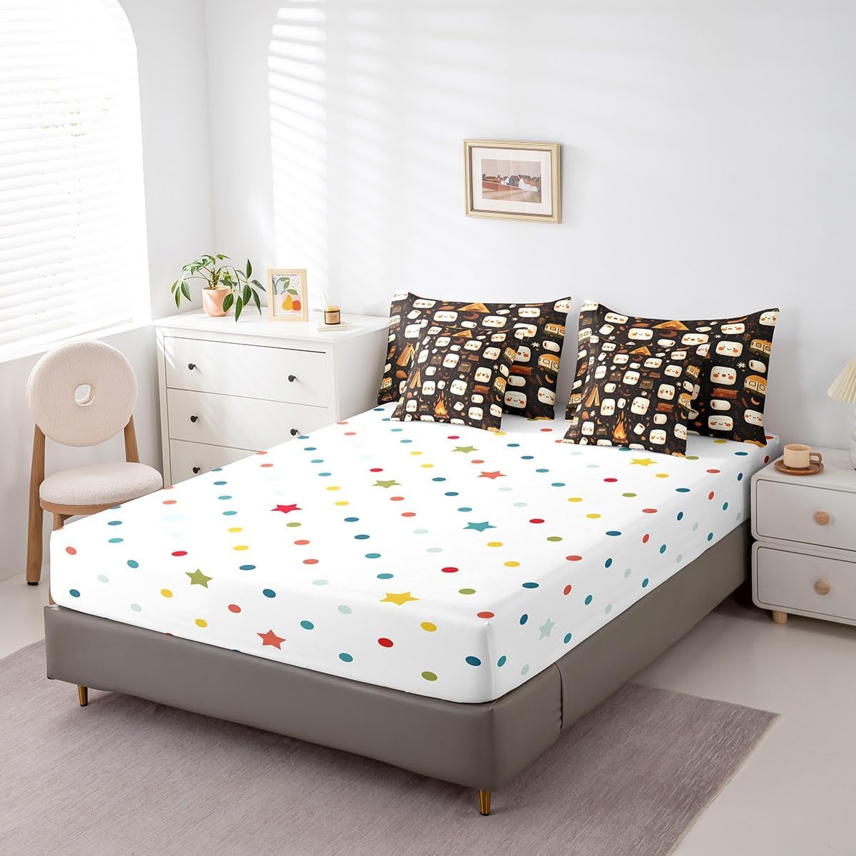 Feelyou Cute Marshmallow Comforter Set with Sheets Twin Size Kids Kawaii S'Mores Candy 7 Pieces Bedding Set for Boys Girls Teens Happy Camping Bed in a Bag Breathable Tent Fire Bed Set Travel