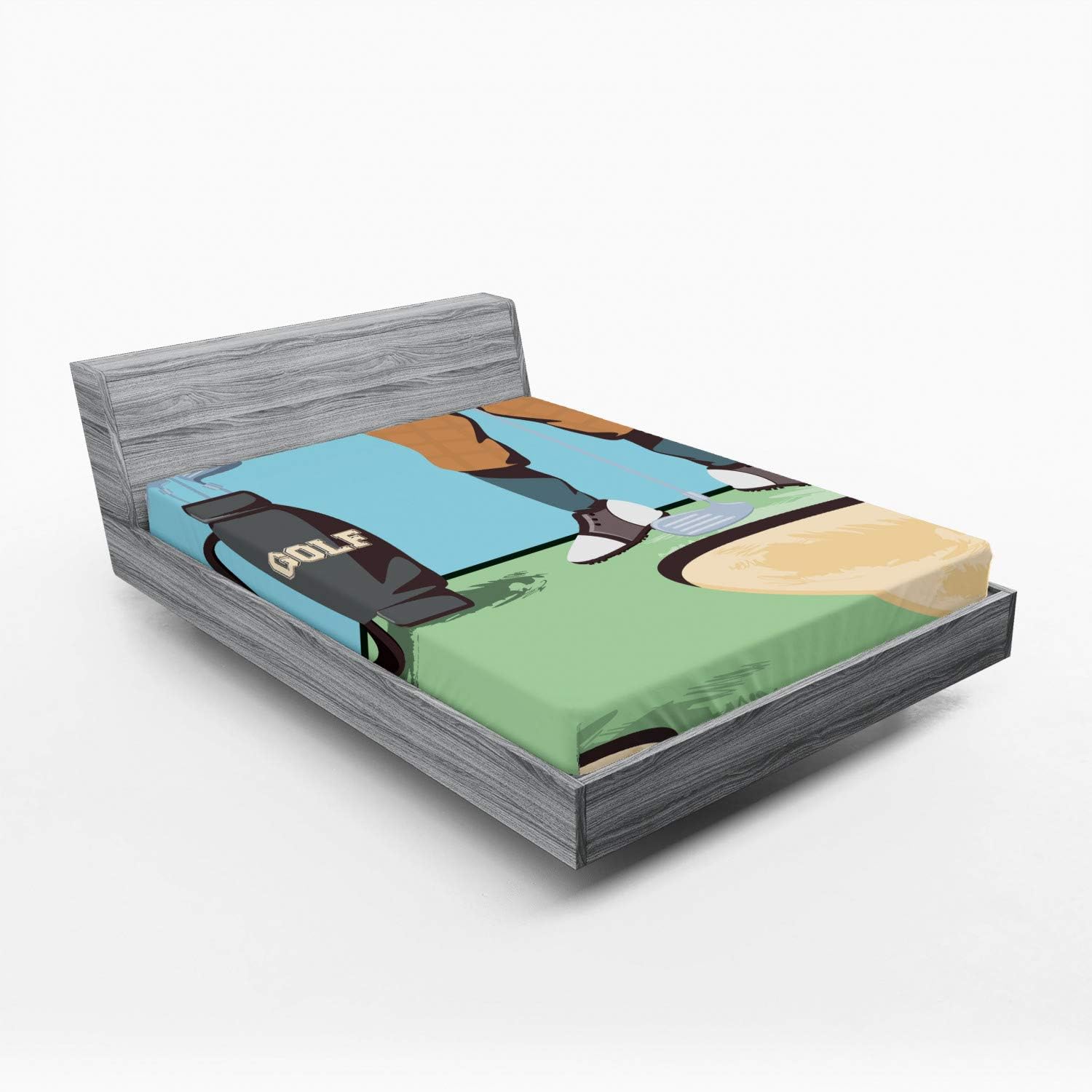Ambesonne Golf Course Scene 2 Pack Fitted Sheet, Golfer and Lofter, Bed Cover All-Round Elastic Deep Pockets 2 Pieces, Package Contains 2 Queen Size Fitted Sheets, Pale Green Multicolor