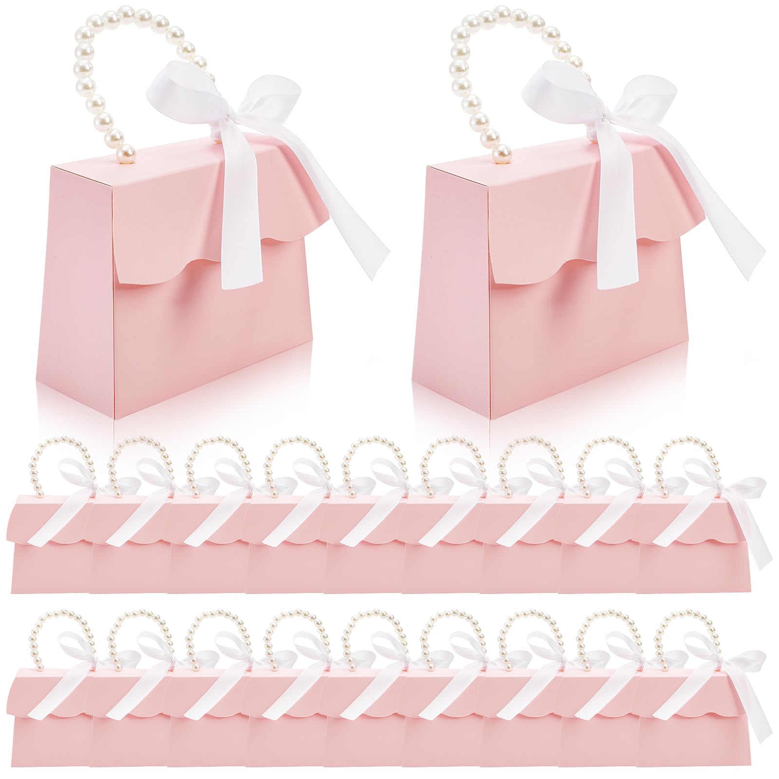 ZOOFOX 20 Pack Pink Treat Boxes for Girls, Small Valentines Candy Box Party Favors with Pearl Handle and Ribbon, Gift Boxes for Princess Pink Party, Baby Girl Shower, Wedding Decoration Supplies