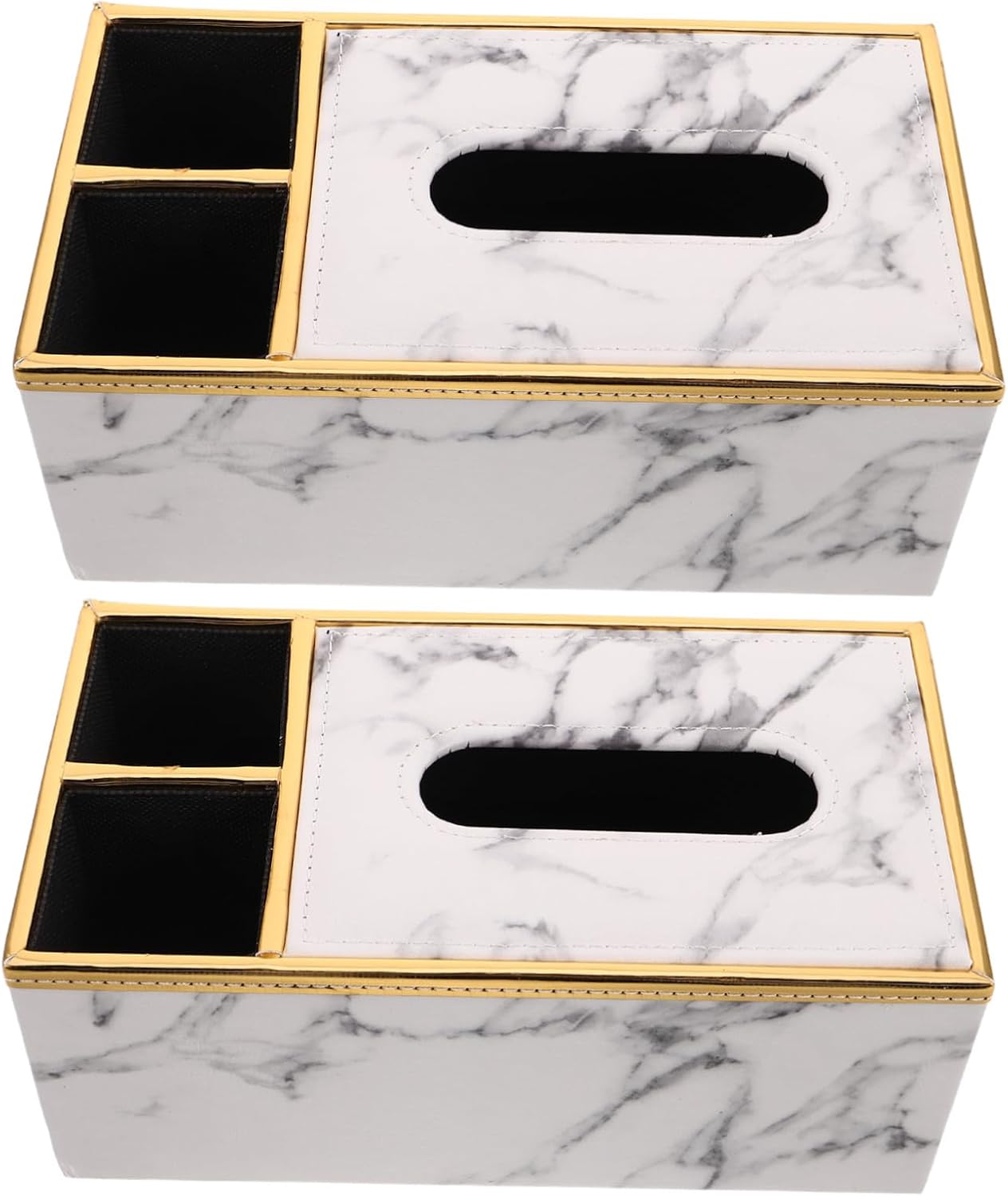 Tissue Box Organizer Modern Fake Marbling Style 2pcs Pu Leather with Remote Holder Rectangle Case, Sturdy and Wear-Resistant Decorative Storage Box for Household and Bathroom Use