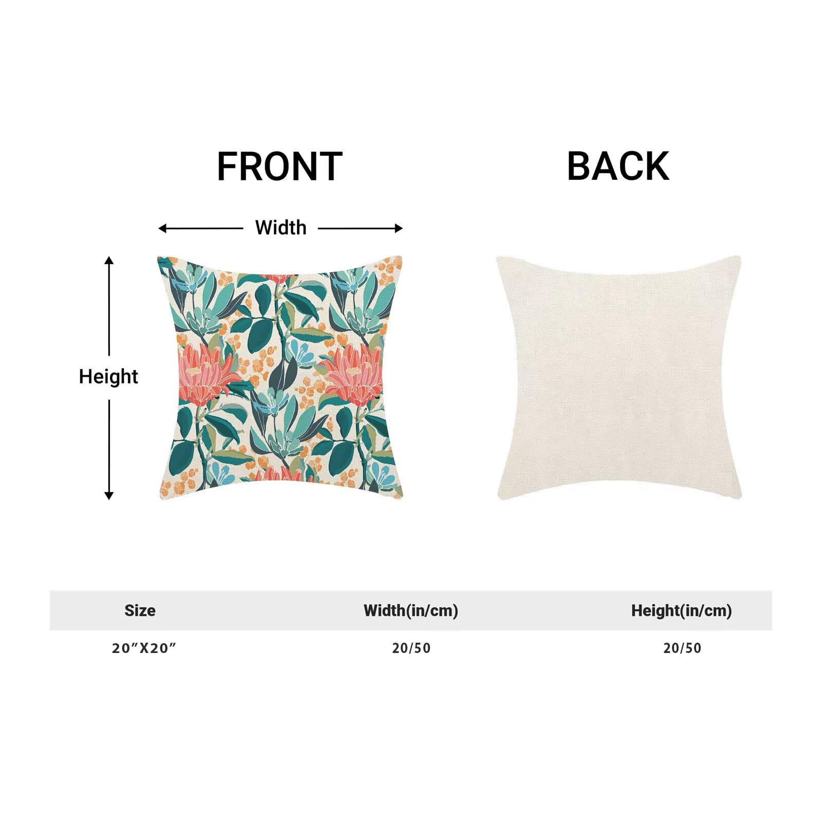 Juego de 2 fundas de almohada florales de coral de 20 x 20 pulgadas, color turquesa y naranja con flores decorativas para exteriores, color verde azulado, funda de cojín floral colorida para 5