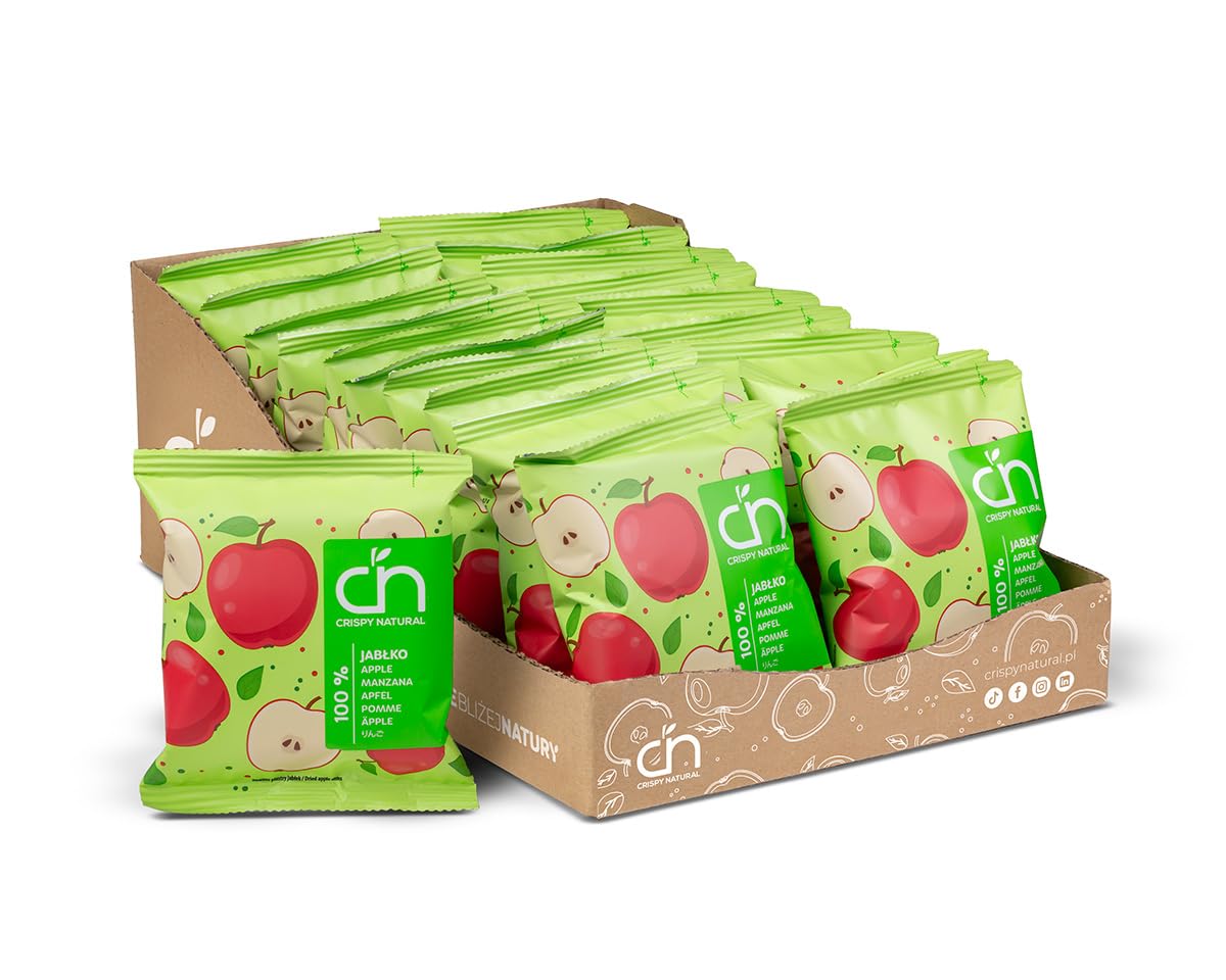 Crispy Natural Chips di Mele 24x18 g. Chips di Frutta Essiccata, Naturalmente Croccanti. Uno Snack Sano Senza Aggiunta di Zucchero, Senza Glutine, Fonte di Fibre. Confezioni Pratiche