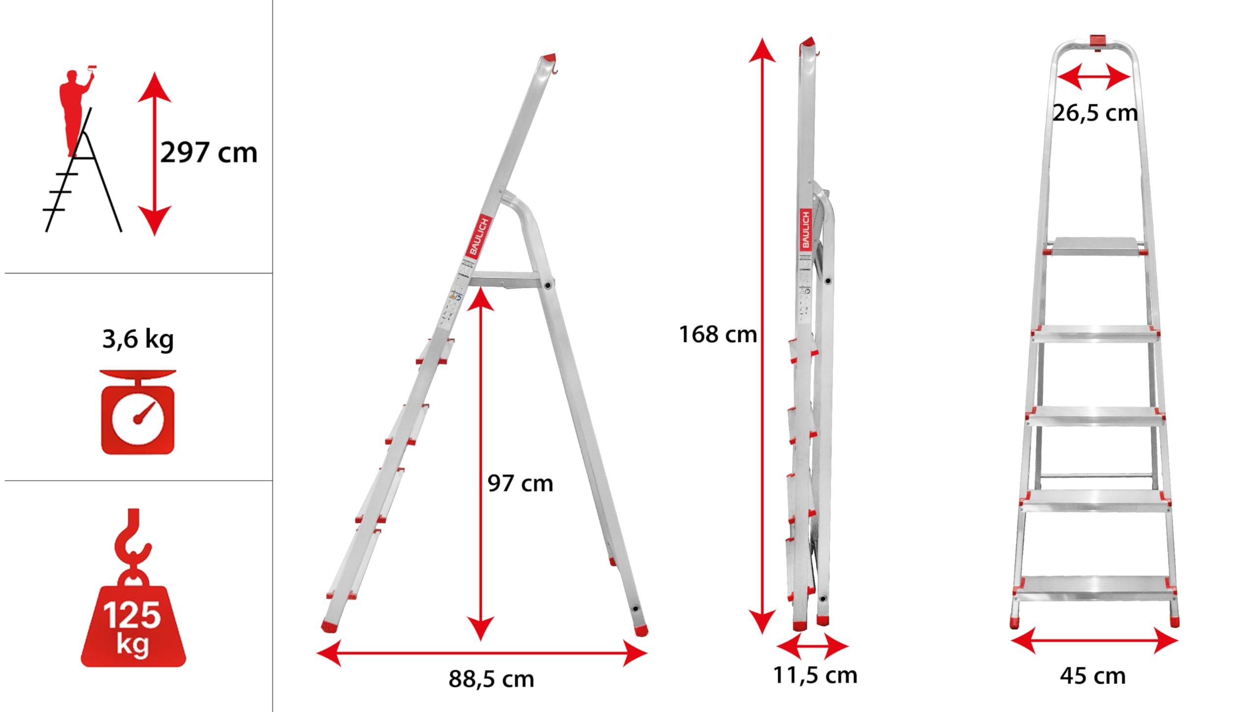 Scala a Gradini in Alluminio - 5 Gradini, con Gancio e 4 Terminali Antiscivolo - Struttura Solida ed Ergonomica, Facile da Trasportare - 168x45x12cm - Portata fino a 125 kg