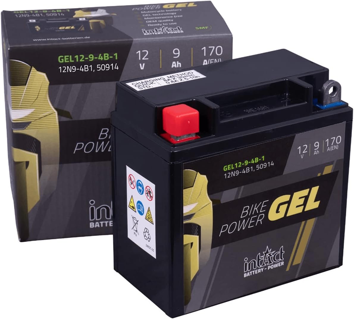 intAct - GEL MOTORRADBATTERIE Bike-Power GEL12-9-4B-1. Ersetzt 12N7-4A, 12N9-4B-1, Y9B-B, YB7-A, YB9-B, YTB9. Motorradbatterie 12V 9Ah 170A. Maße: 137x76x140mm. Mit bis zu 30% mehr Startleistung.