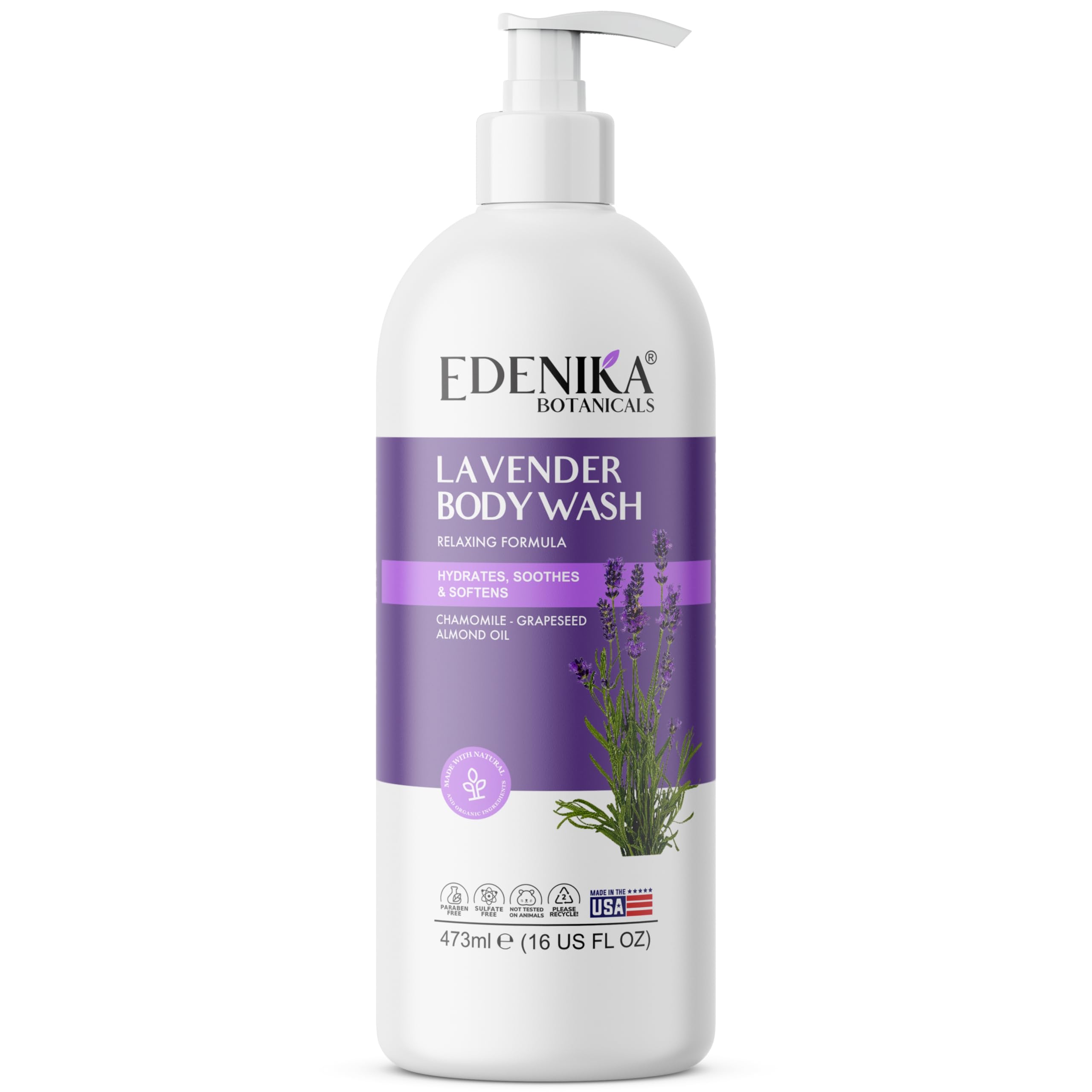 Edenika Lavender Body Wash with Vitamin E, Cleanses, Relaxes & Moisturizes, Stress Relief Shower Gel for Dry and Sensitive Skin, Women & Men, Organic & Natural, 16 fl oz