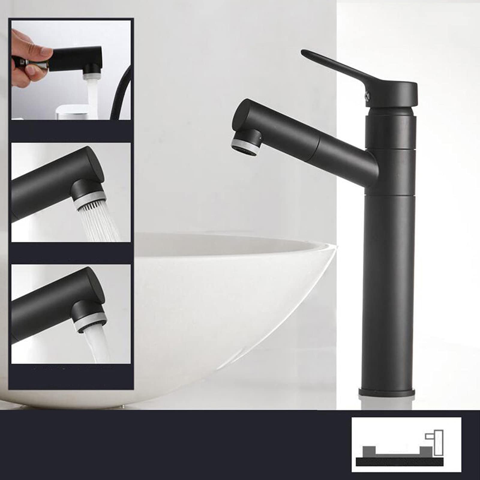 Rubinetto per Lavabo Nero Acqua Calda E Fredda Miscelatore per Lavabo con Doccetta Estraibile Rubinetti per Lavabo da Bagno Rubinetti Girevoli Doccetta Estraibile Doccetta Nera per Lavabo Rubinetti A
