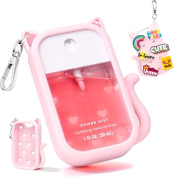 Metyond Silicone Case Compatible with Touchland Hand Sanitizer Spray 1 FL OZ/30ML, Portable Cat-shaped Case with 6 Charms and Keychain, Cute Hand Sanitizer Spray Accessory 1PCS Pink