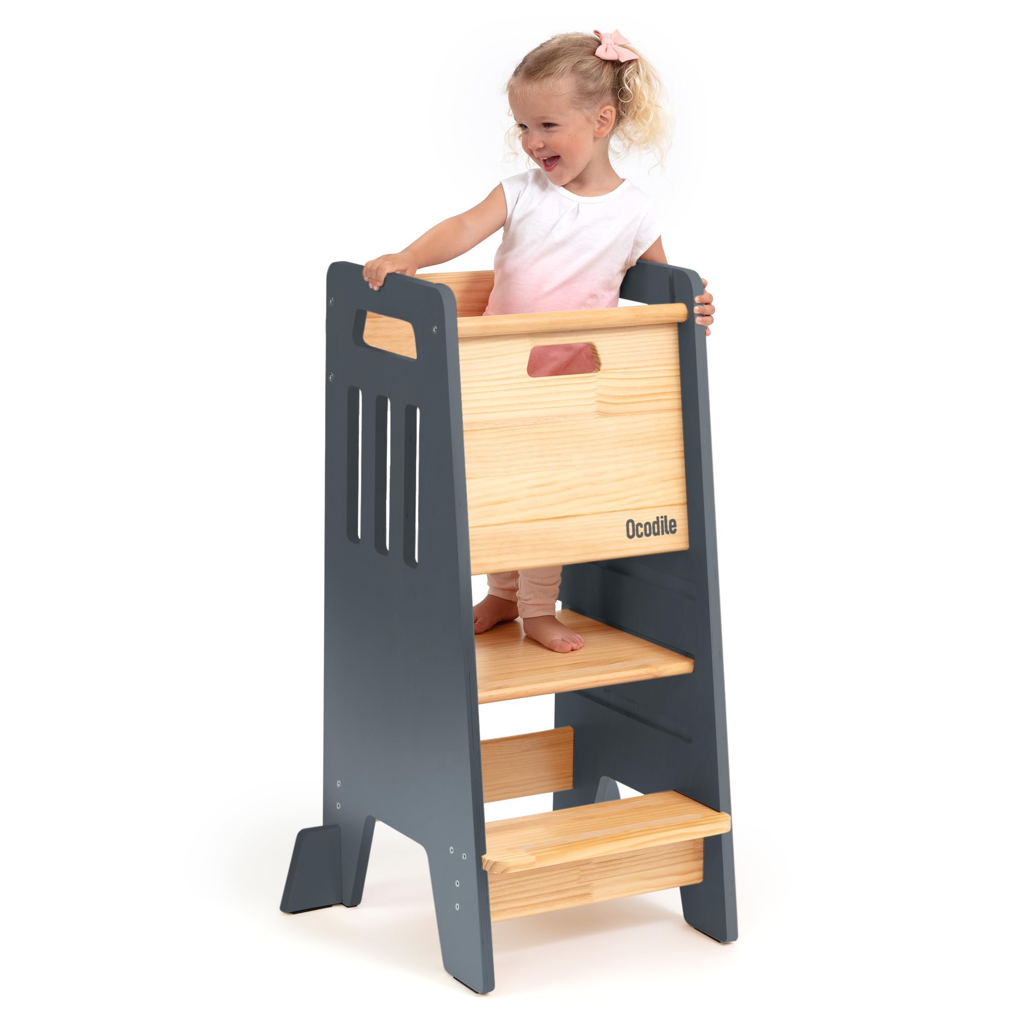 OCODILE Toddler Tower with a Sliding Door and 3 Adjustable Heights - Complete Toddler Kitchen Stool Helper with Support Feet - Safe Design for 18+ Months to 6-Year-Old Kids - Gray