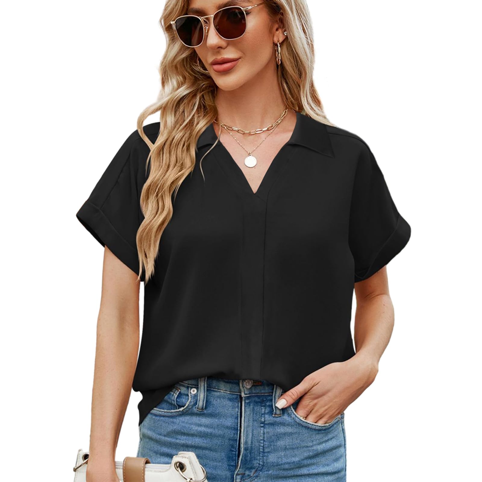 Getervb Blusa Elegante Mujer Verano Camisetas Manga Corta con Cuello en V Túnica Tops Básica Informal Camiseta Suelta