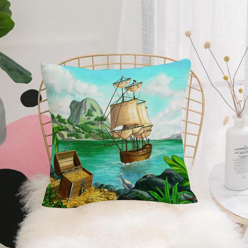 HYOSXW Cushion Cover,Throw Pillow Case Home Decorative for Living Room Bedroom Sofa Chair 16X16 Inch,Pirate, exotic seaside with treasure chest full of gold Old ship Tropic Nature,Pillowcase 40X40cm