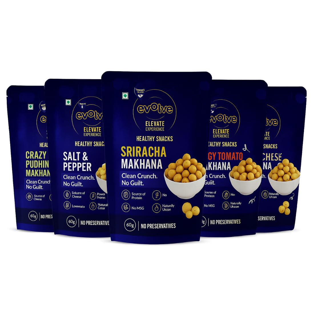 Evolve Gift Hamper Roasted Phool Makhana Combo, Healthy Foxnuts Snacks for Kids, Adults | Fiber Rich, Gluten Free |Cheese, Pudina, Sriracha, Tomato, Salt Pepper - Pack of 5, 60g Each-image-37