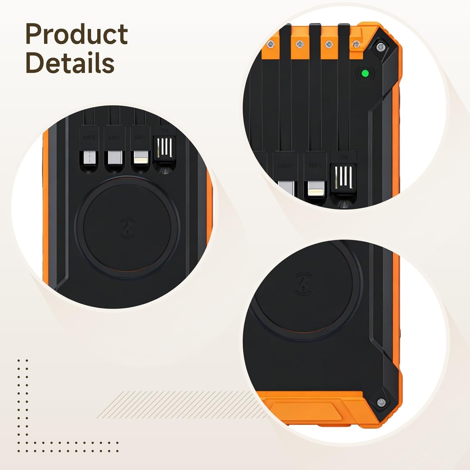 20000Mah Power Bank Solar Charger, Wireless Charging, Dual USB Output, Led Lights, Orange and Black, 6.8 X 3.5 X 1.1 in