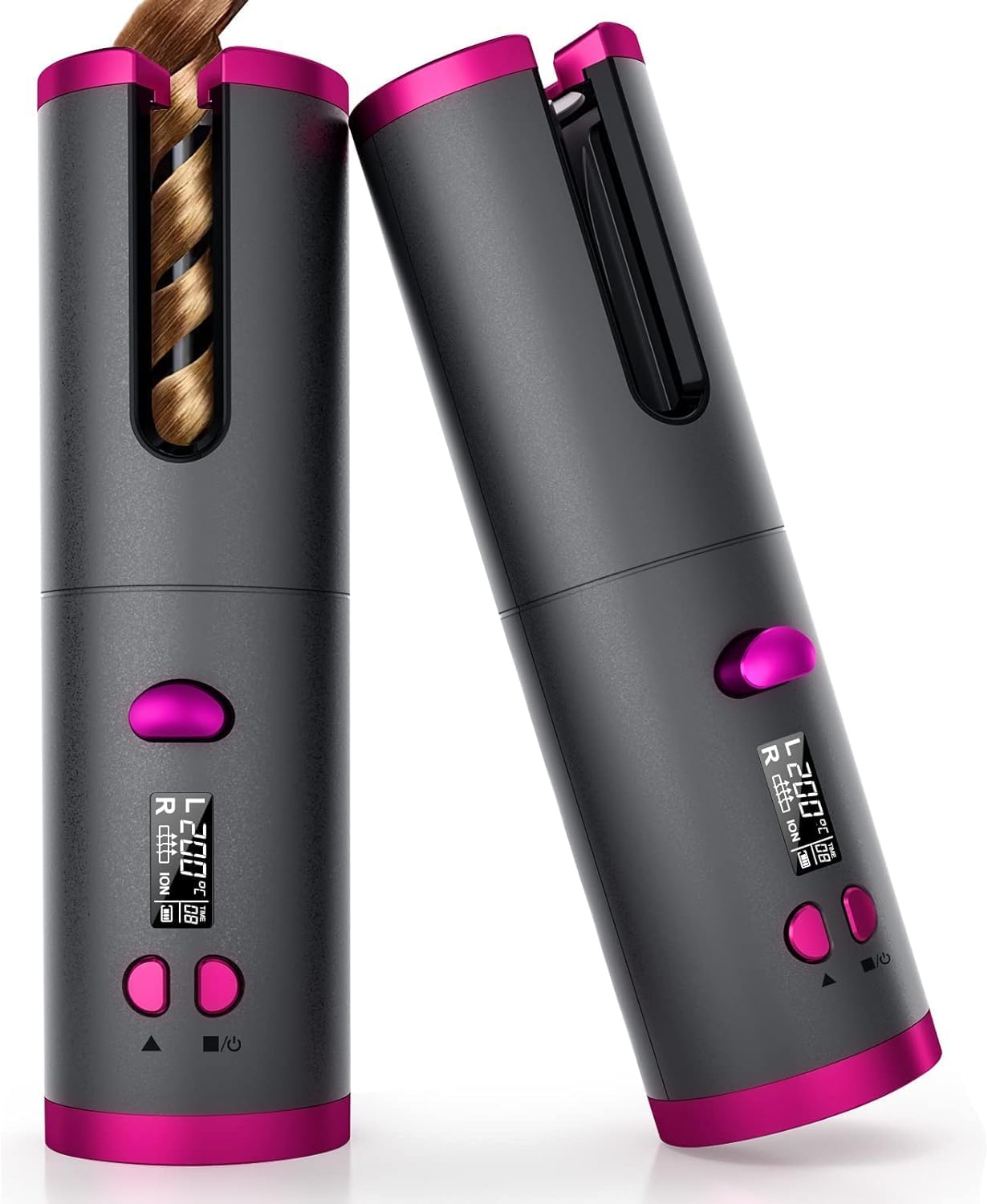 Wireless Auto Hair Curler with Adjustable Temperature and Timer, Automatic Cordless Curling Iron with LCD Display, Portable Rechargeable Rotating Fast Heating Hair Wand for Style