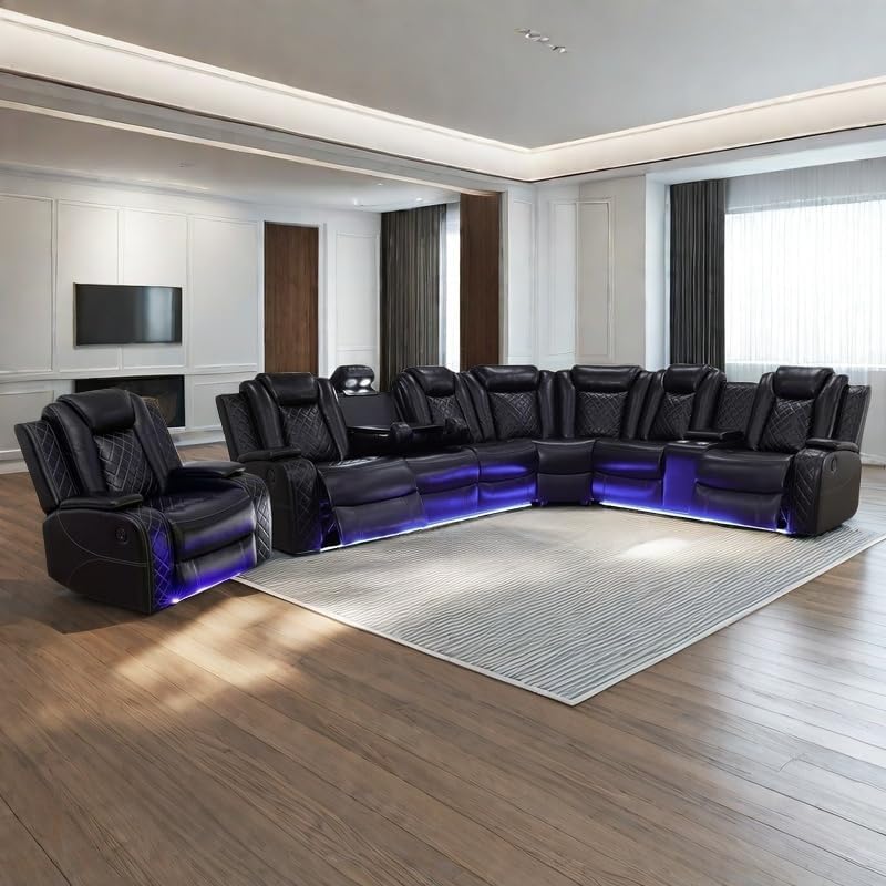 Miniatura 8 de Sofá reclinable eléctrico con luz LED para sala de estar, juego de sofá seccional reclinable de cuero de aire, soporte para tazas, consola de