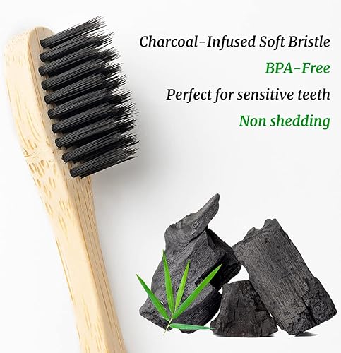 Vista 33 de Cepillos de dientes de carbón de bambú biodegradables, cerdas suaves, ecológicos, sostenibles, sin BPA, orgánicos, compostables, cepillos de dientes