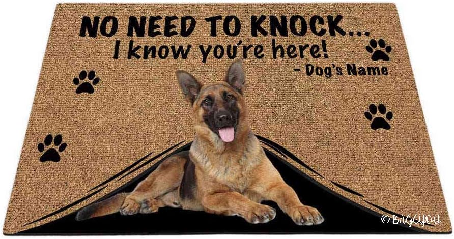 BAGEYOU Personalized Dog's Name Doormat with My Love Dog Lovely German Shepherd Dog Welcome Floor Mat No Need to Knock I Know You're Here 23.6 X 15.7
