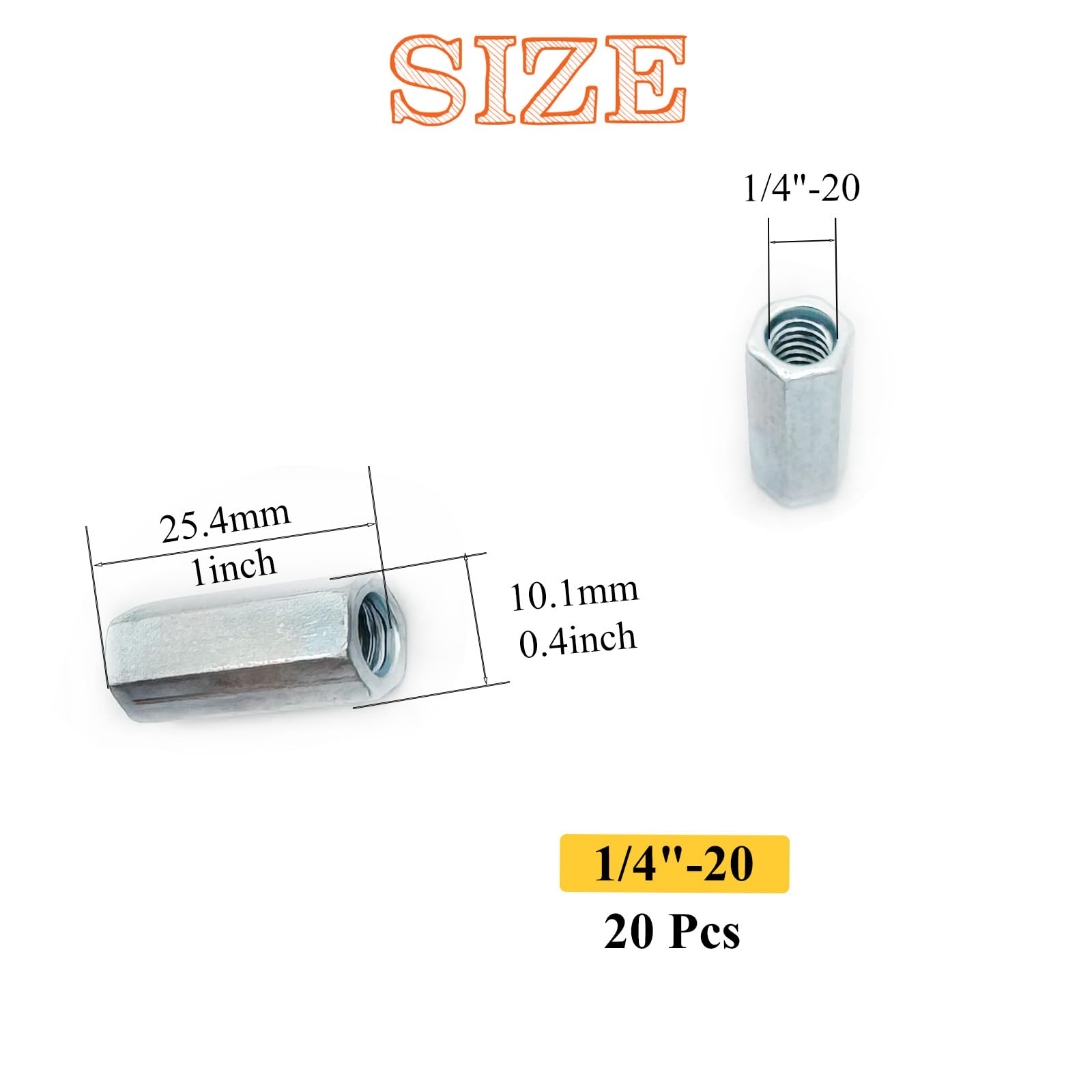 1/4"-20 Coupling Nuts - 20 Pack, Zinc Plated -2