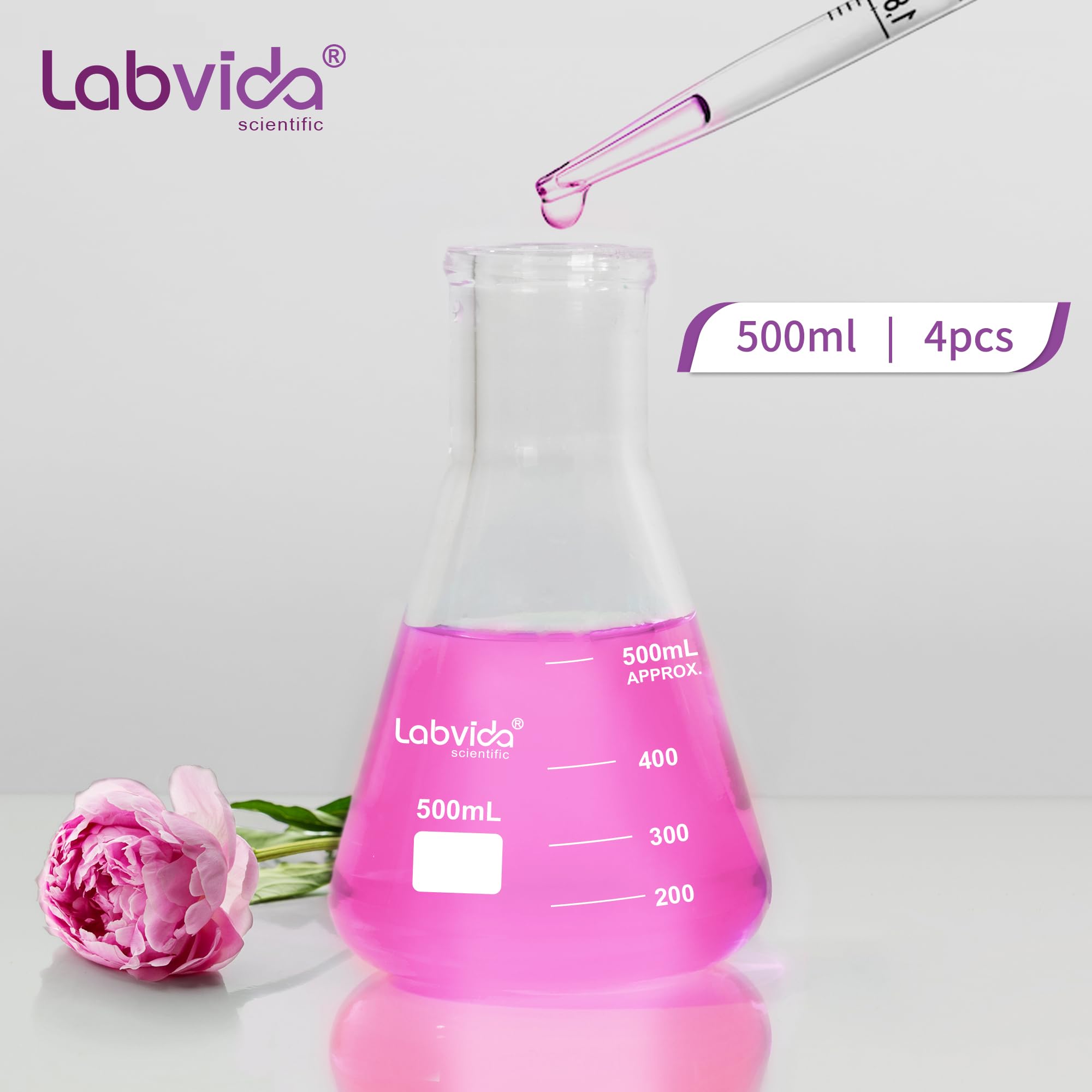 LVC004 - Juego de 4 frascos de cristal de boca estrecha (500 ml, 3,3 borocilicate con graduación impresa, 4 unidades)