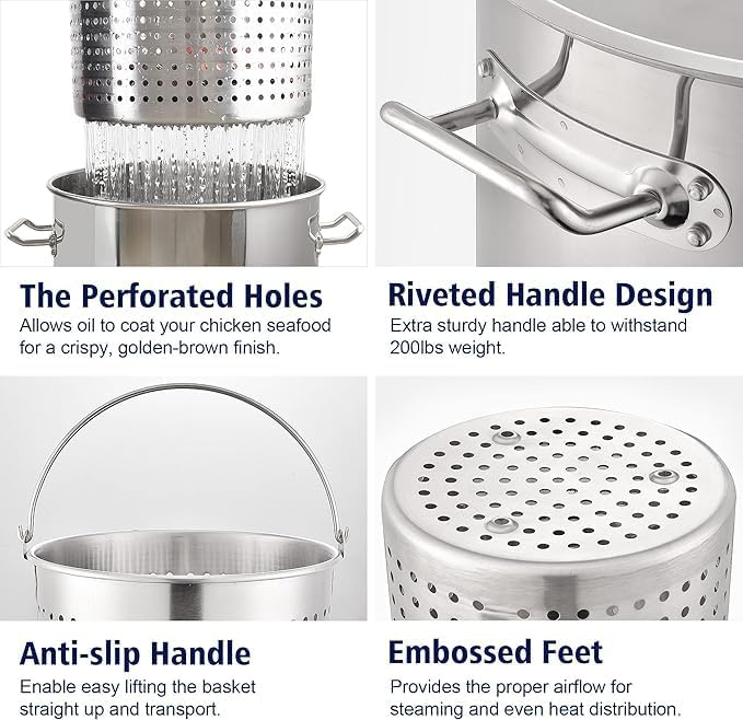 ARC 52QT Seafood Boiling Kit, 200,000BTU Propane Burner And Stainless Steel Crawfish Boil Pot w/Basket and Steamer Rack, For Outdoors Cooking and Steaming, Large Turkey Fryer Pot, Lobster Shrimp Pot