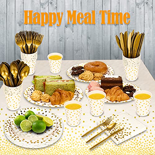 176 Pieces Gold Disposable Party Dinnerware Set &Golden Dot Disposable Party Dinnerware - Black Paper Plates Napkins Cups, Gold Plastic Forks Knives Spoons #TOP6