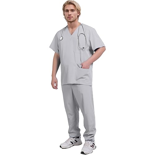 Yoweenton Scrubs Medical Uniform Man Scrubs Set Medical Scrubs Top and Pants，5-Pocket Top and 5 Pocket Pants