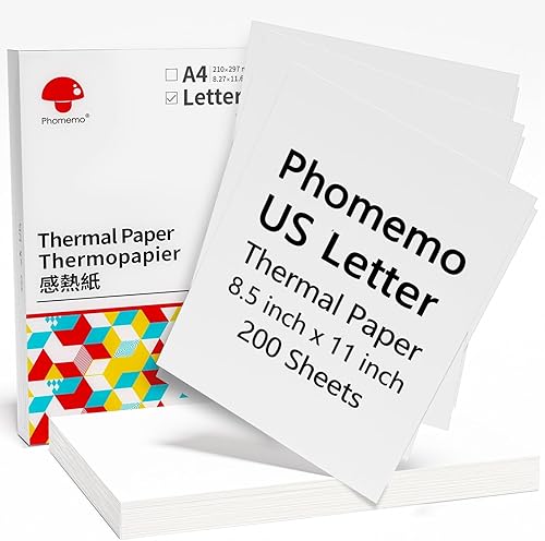 Phomemo Papel térmico M08F, papel de impresora térmica de tamaño carta de 8.5 x 11 pulgadas, para impresora M08F, compatible con Brother, HPRT MT800