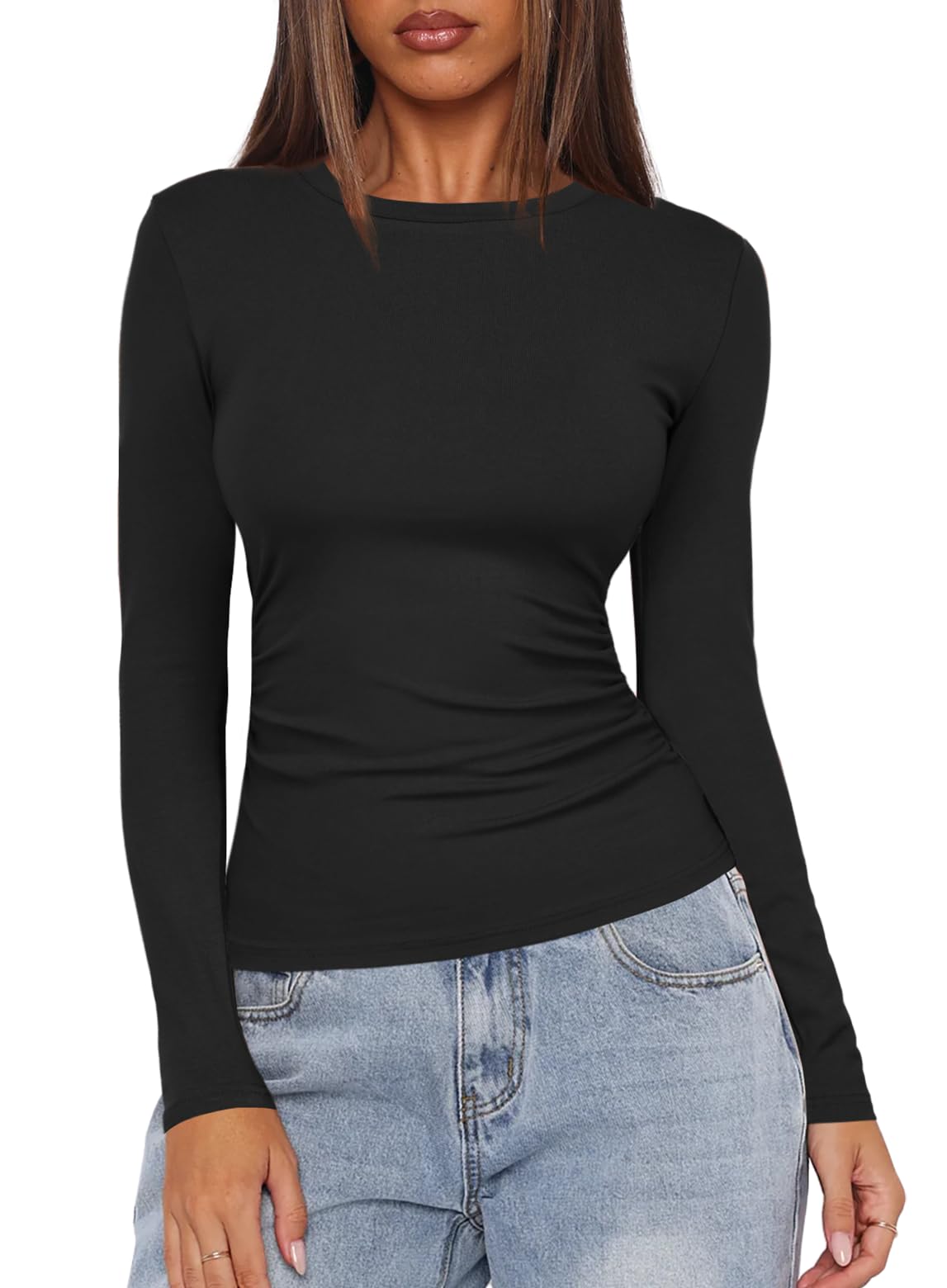 Women's Long Sleeve Crew Neck Shirts Fall Basic Casual Ruched Side Slim Fit T Shirts Tee Tops