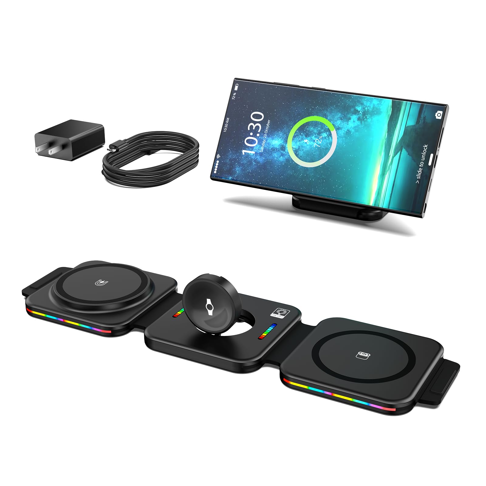 Travel Charger for Samsung Multi Devices, 3 in 1 Charging Station for Samsung Galaxy S25 Ultra/S24 Ultra, Magnetic Foldable Charger for Travel, Wireless Charging Pad for Galaxy Watch 7/Ultra